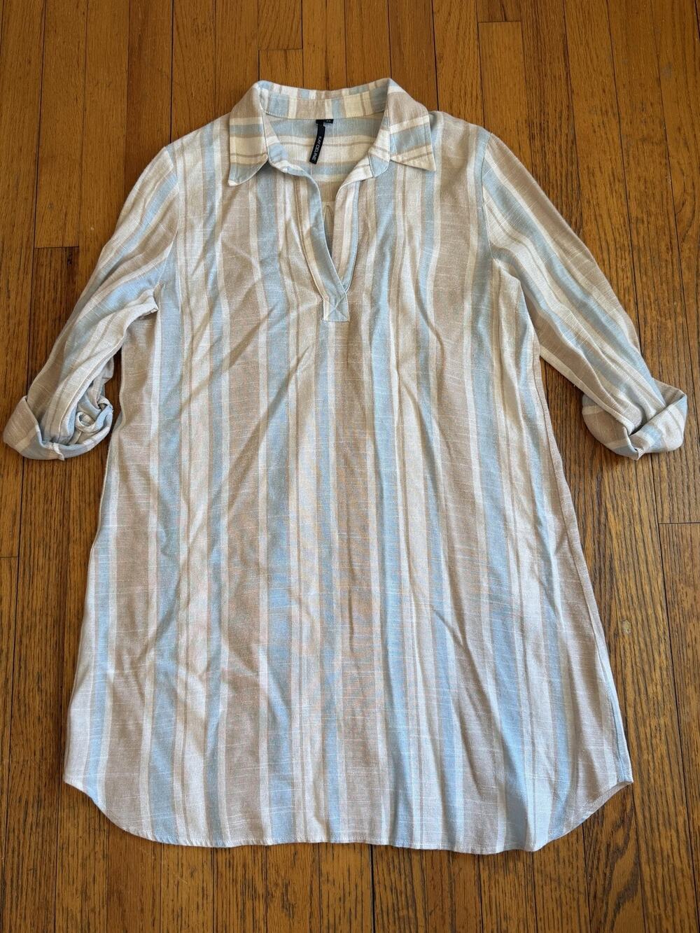 Kay Celine Dress Womens Medium Stripe Shirt Dress 3/4 Sleeve Casual Knee Length